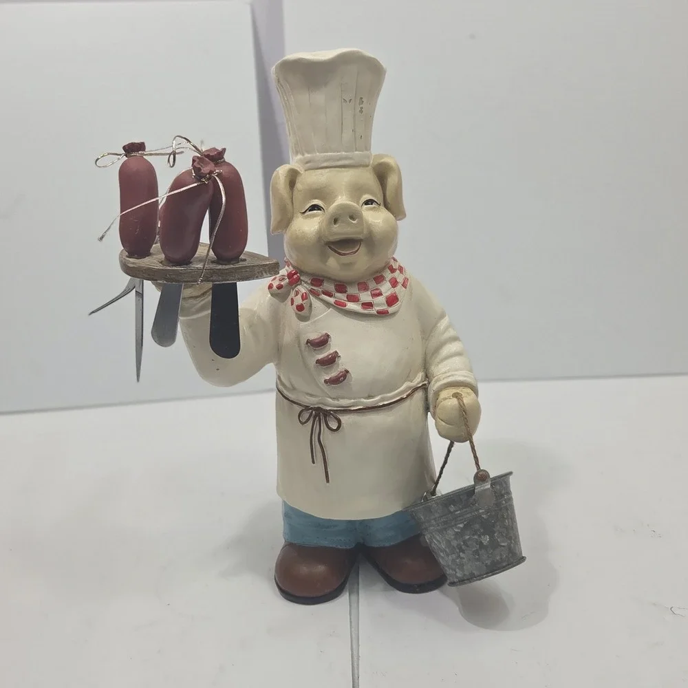 Pig Chef Statue Resin Butcher Sausage Appetizer Fork Knife Set Bucket 14 Inch